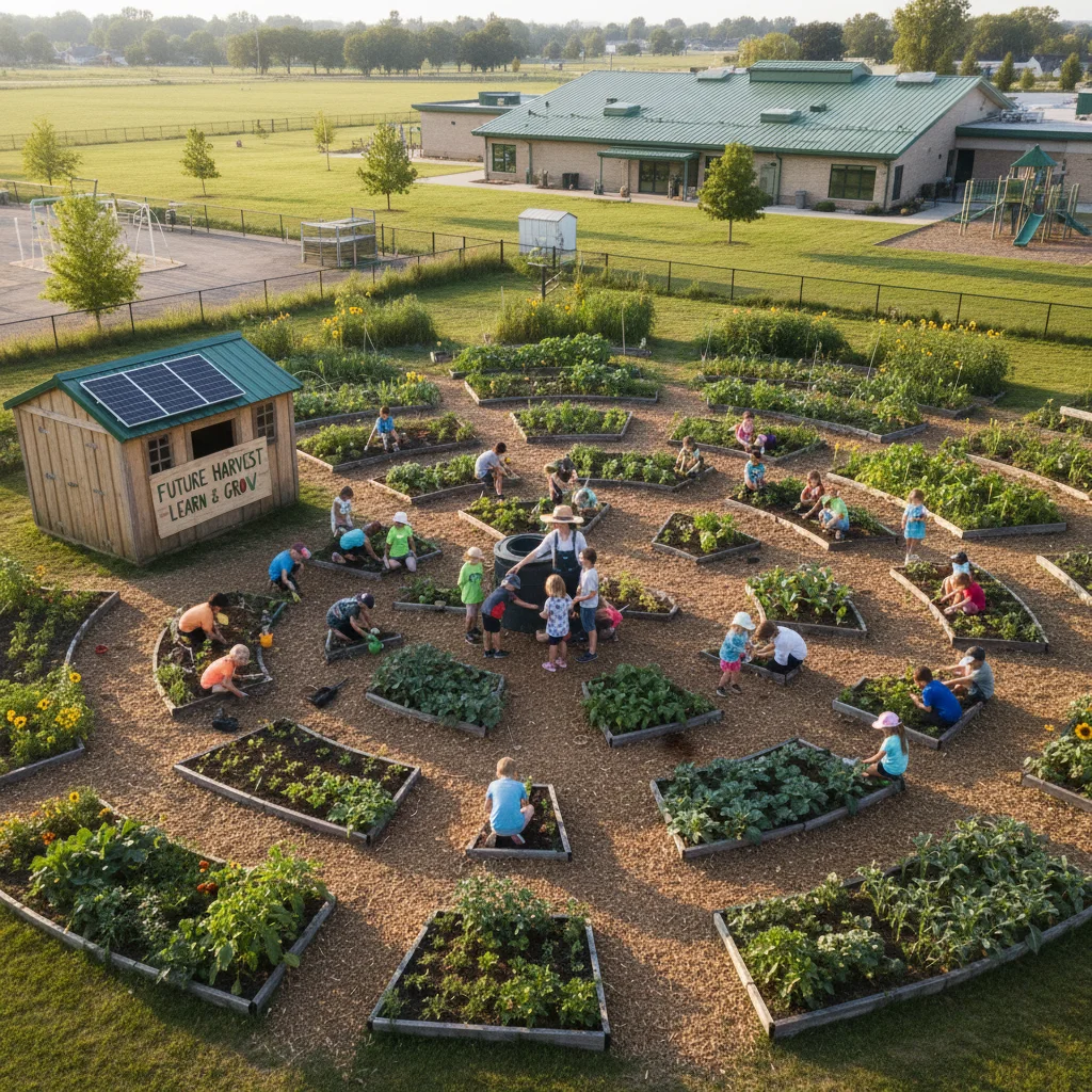 Niños aprendiendo agricultura sostenible en un huerto escolar con su profesor.