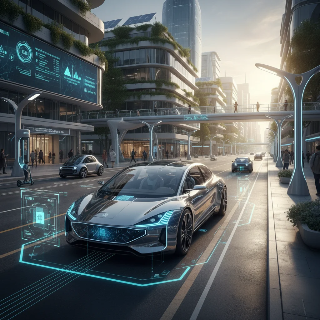 Coche autónomo eléctrico en una ciudad inteligente, procesando datos de tráfico en tiempo real con IA para una movilidad eficiente.