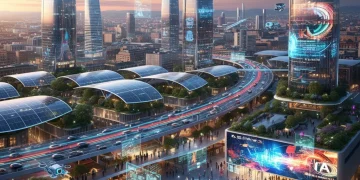 Paisaje urbano español futurista con inteligencia artificial integrada