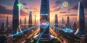 Paisaje urbano español futurista con iconos de sanidad, finanzas y automoción, conectados por líneas de IA, simbolizando la revolución tecnológica.