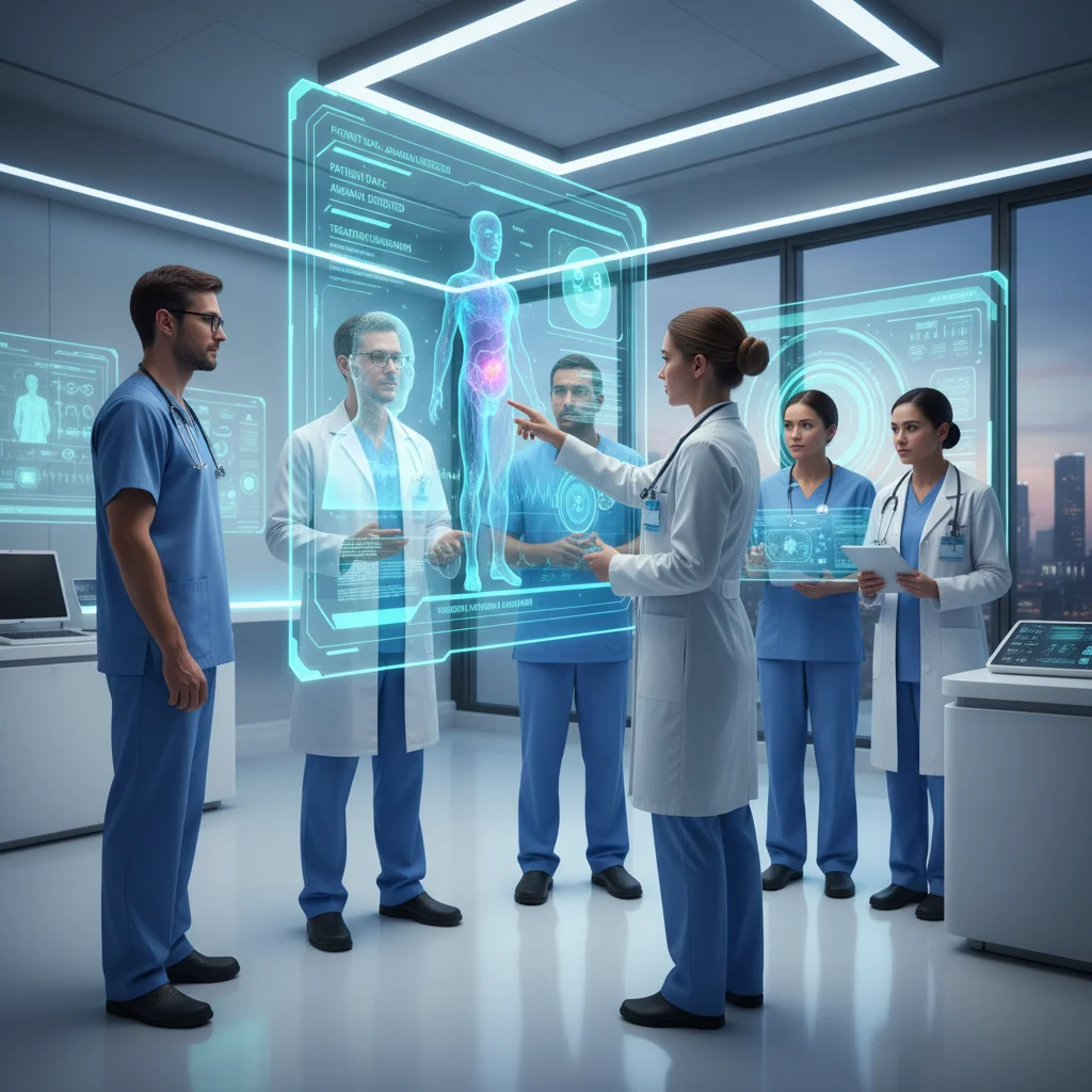 Profesionales médicos interactuando con herramientas de diagnóstico avanzadas impulsadas por IA en un hospital moderno.