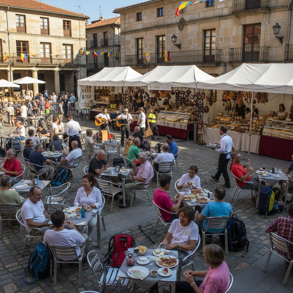 Peregrinos interactuando con comerciantes locales en una plaza, mostrando el impacto económico del Camino.