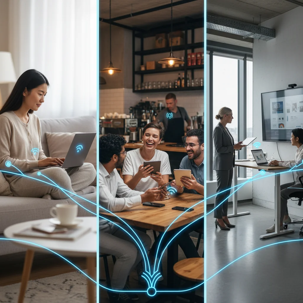 Personas de diversas edades utilizando dispositivos digitales conectados por fibra óptica en entornos cotidianos.