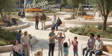 Grupo diverso de personas en un parque, símbolo de inclusión social y oportunidades en España.