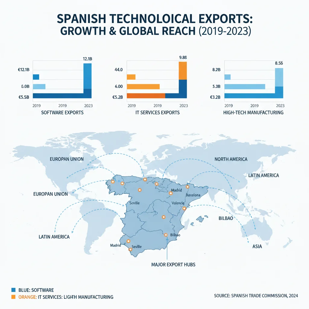Infografía detallada mostrando el crecimiento de las exportaciones tecnológicas españolas.