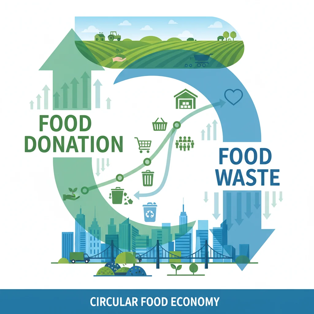 Infografía que ilustra la reducción del desperdicio de alimentos y el aumento de las donaciones, representando el progreso hacia la sostenibilidad.