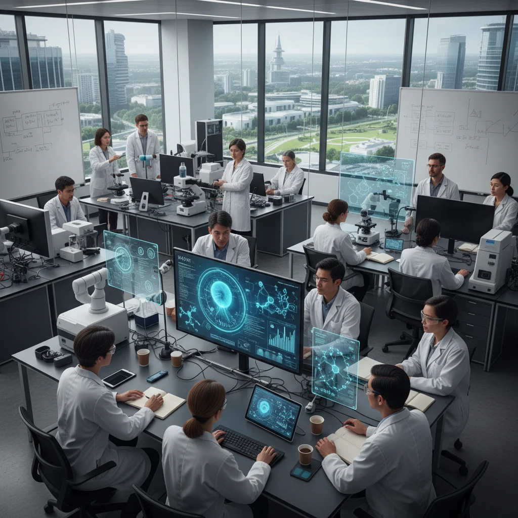 Equipo de ingenieros y científicos colaborando en un laboratorio moderno, símbolo de la innovación y el empleo de alta cualificación en parques tecnológicos.