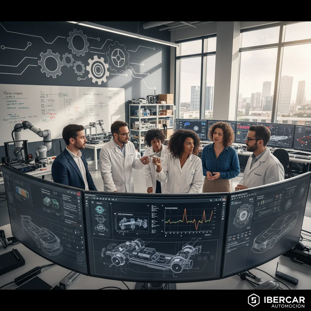 Equipo de ingenieros españoles colaborando en el diseño y desarrollo de componentes para vehículos eléctricos, destacando la innovación y el talento.