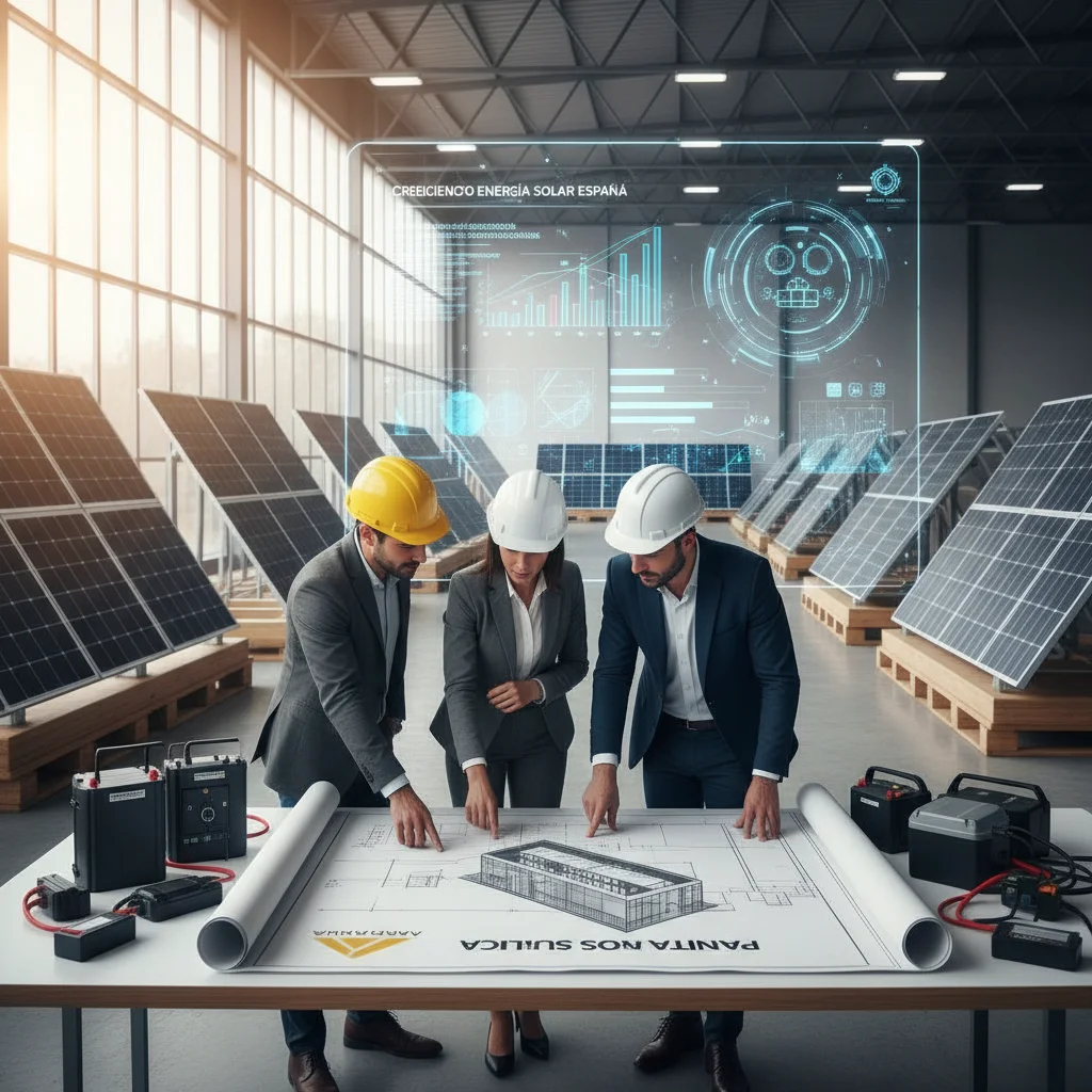 Ingenieros revisando planos de instalación solar, representando el crecimiento de la industria fotovoltaica en España.