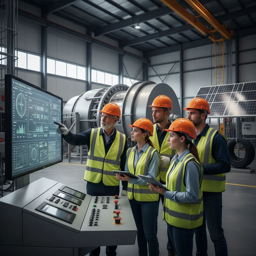 Equipo de ingenieros supervisando operaciones en planta de energía renovable