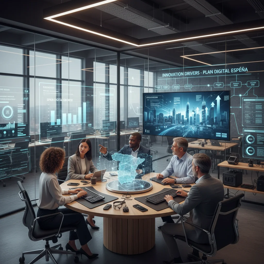Profesionales colaborando en un entorno tecnológico, reflejando el impulso a la innovación gracias a la digitalización en España.