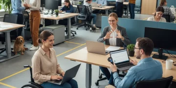Grupo diverso de profesionales con discapacidad trabajando colaborativamente en una oficina moderna y accesible en España.