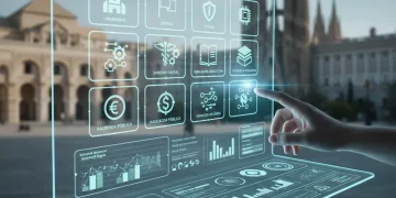 Interfaz digital moderna con iconos de servicios gubernamentales, simbolizando la digitalización de la administración pública española.