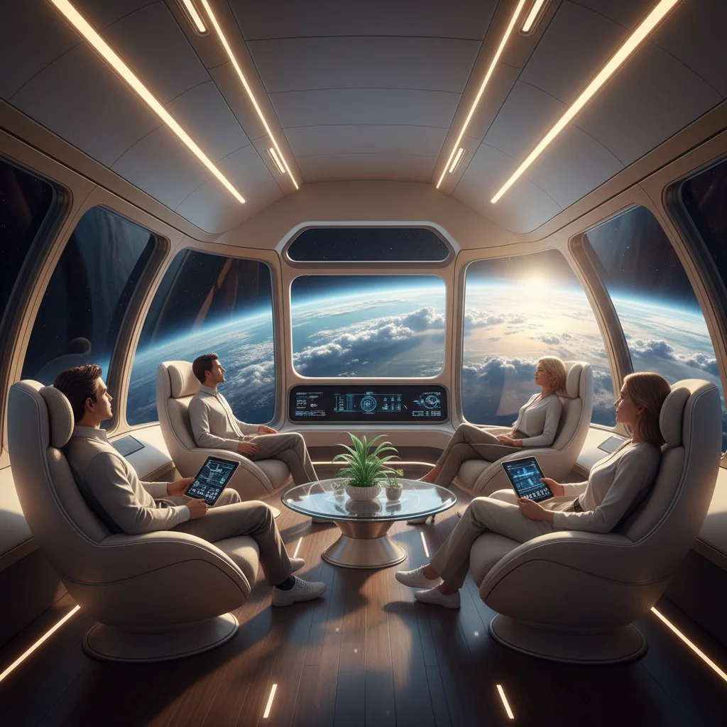 Interior de cápsula espacial de lujo con pasajeros observando la Tierra.