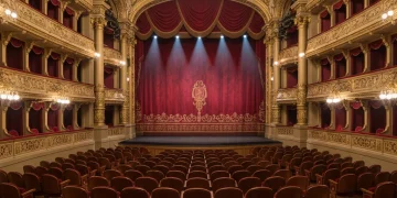 Interior de un gran teatro de ópera con butacas rojas y luces de escenario, evocando la majestuosidad del teatro clásico y la ópera.