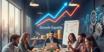 Emprendedores españoles celebrando una inversión exitosa en un entorno moderno y colaborativo, con gráficos de crecimiento de fondo.