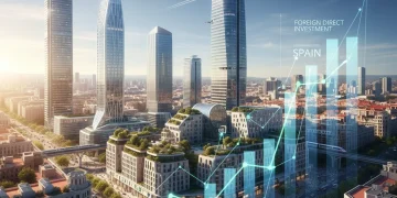 Paisaje urbano moderno de España con gráficos de crecimiento económico y conexiones globales.