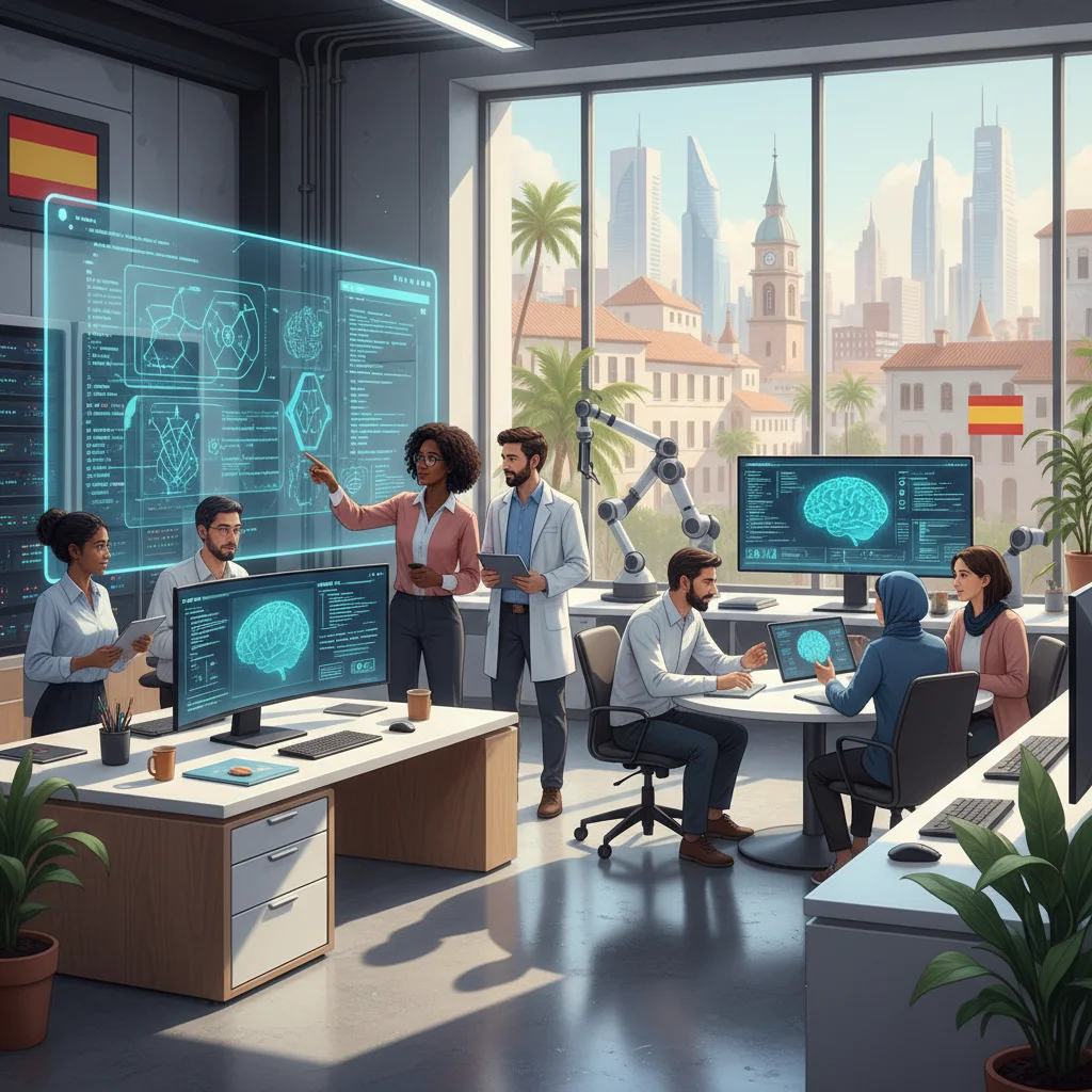 Investigadores españoles colaborando en un laboratorio de IA, desarrollando algoritmos y visualizaciones de datos.
