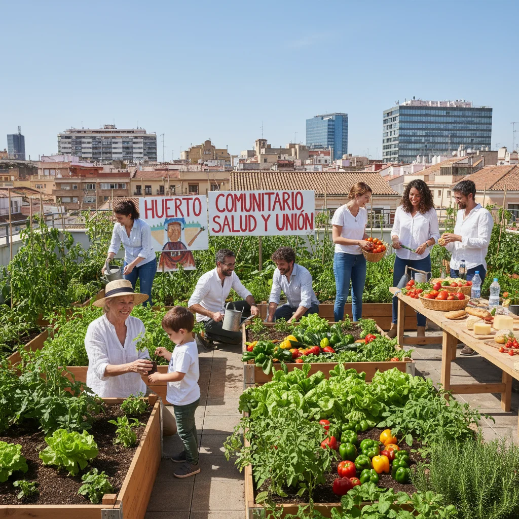 Jardín comunitario con personas de diferentes edades cultivando, fomentando hábitos saludables y comunidad en España.