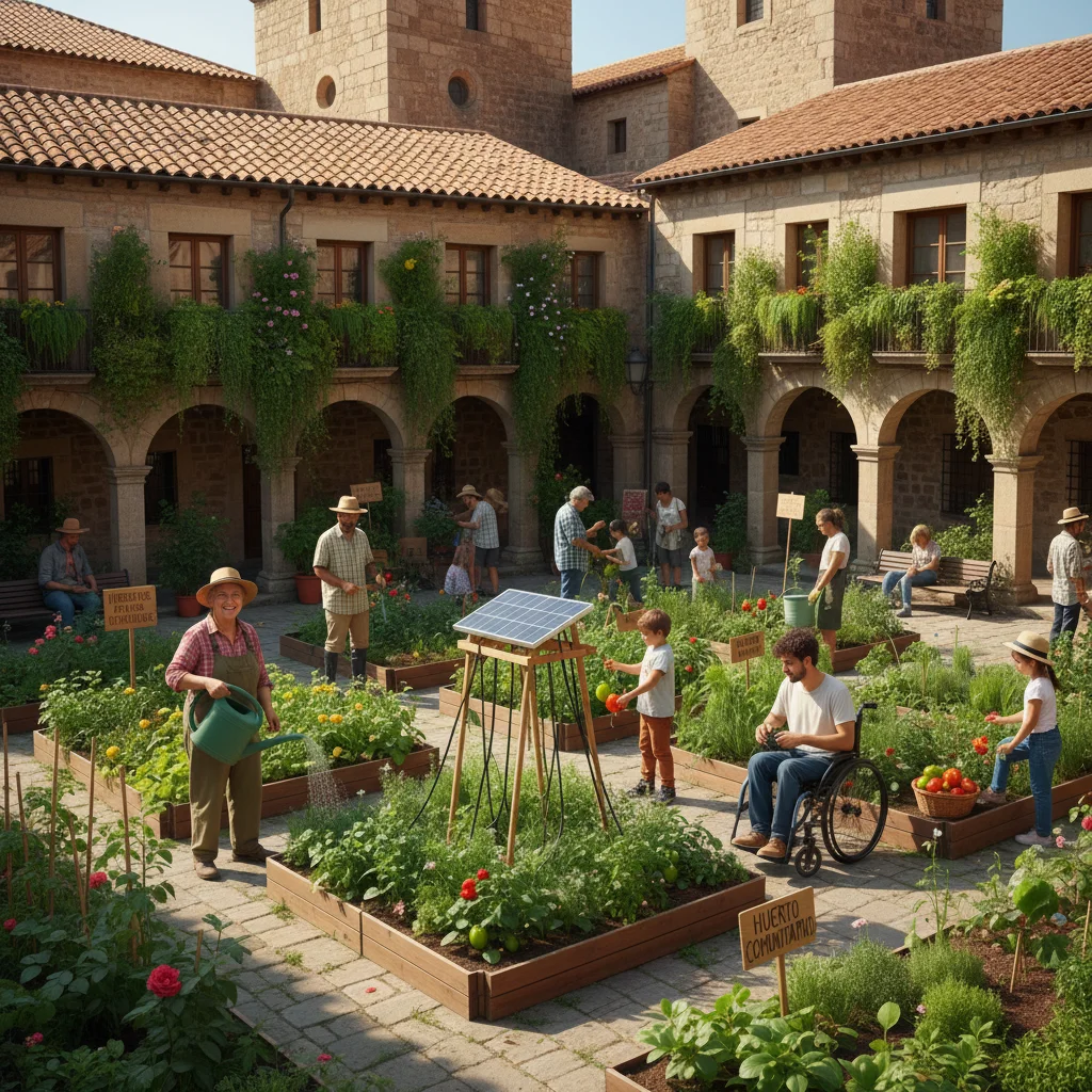 Jardín comunitario urbano en España, fomentando la cohesión social y la agricultura local.