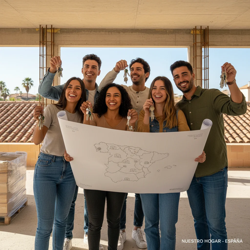 Jóvenes diversos felices con llaves y un plano, simbolizando el acceso a la vivienda en España.