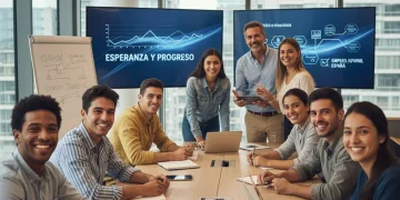 Jóvenes participando en un programa de formación profesional con entusiasmo, simbolizando la reducción del desempleo juvenil en España.