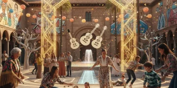 Gente de todas las edades disfrutando de juegos populares españoles en un ambiente festivo y moderno, simbolizando su resurgimiento.