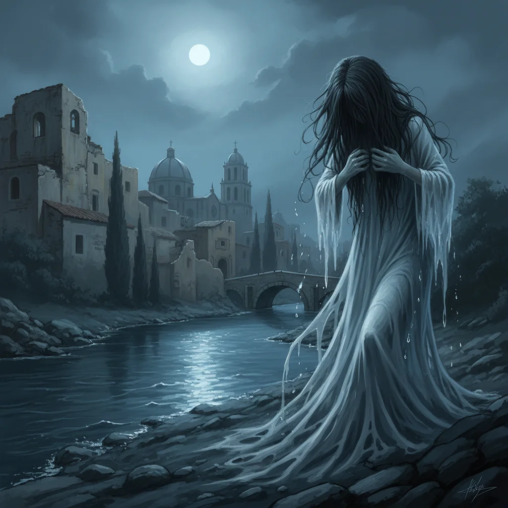 Ilustración de La Llorona llorando junto a un río bajo la luna, con arquitectura española antigua.