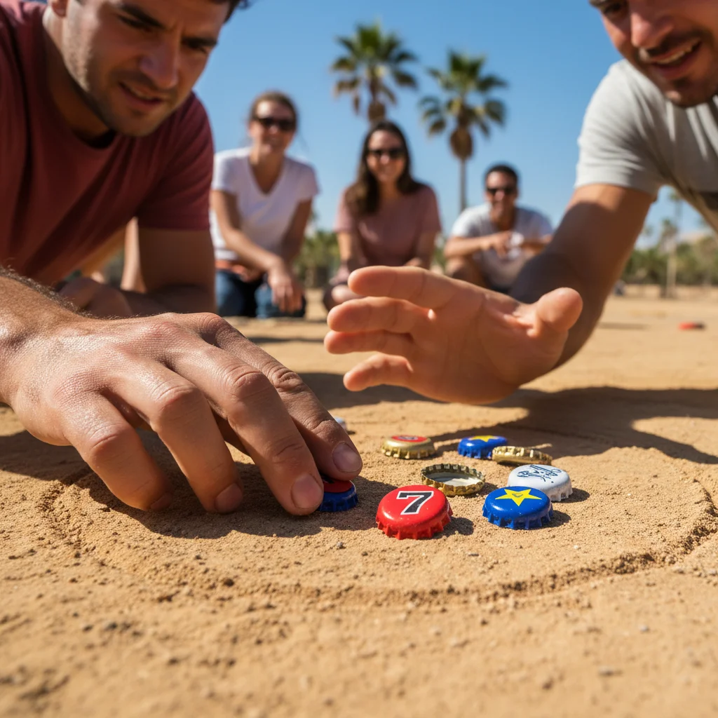Manos de jugadores compitiendo con Las Chapas, un juego popular español que requiere destreza y estrategia.