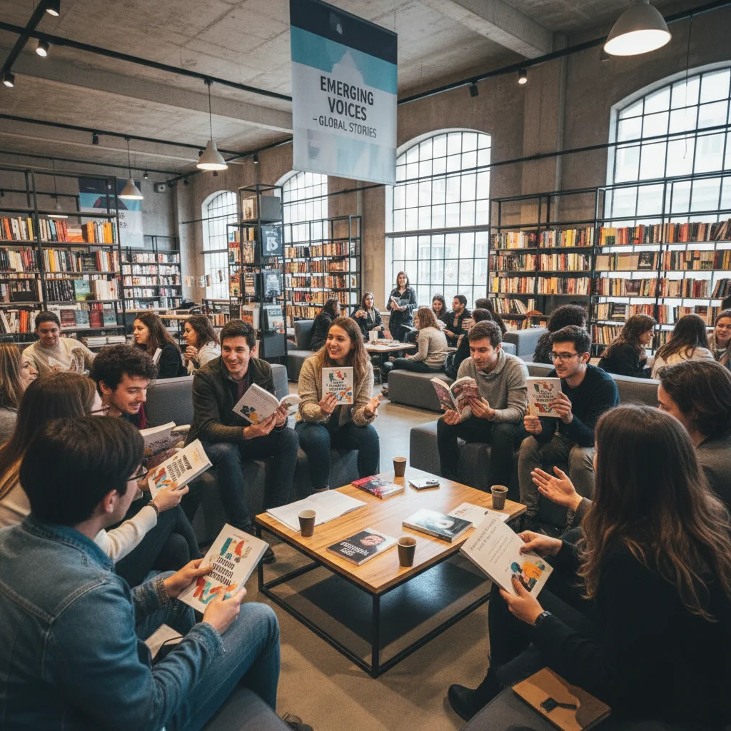 Grupo de jóvenes lectores discutiendo libros en una librería, mostrando el interés por nuevos autores españoles y tendencias literarias.