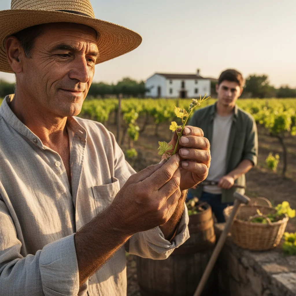Manos de agricultor español inspeccionando una vid, símbolo de dedicación y sabiduría ancestral.