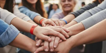 Manos de voluntarios entrelazadas, representando la unión y el apoyo mutuo en el programa de voluntariado nacional.