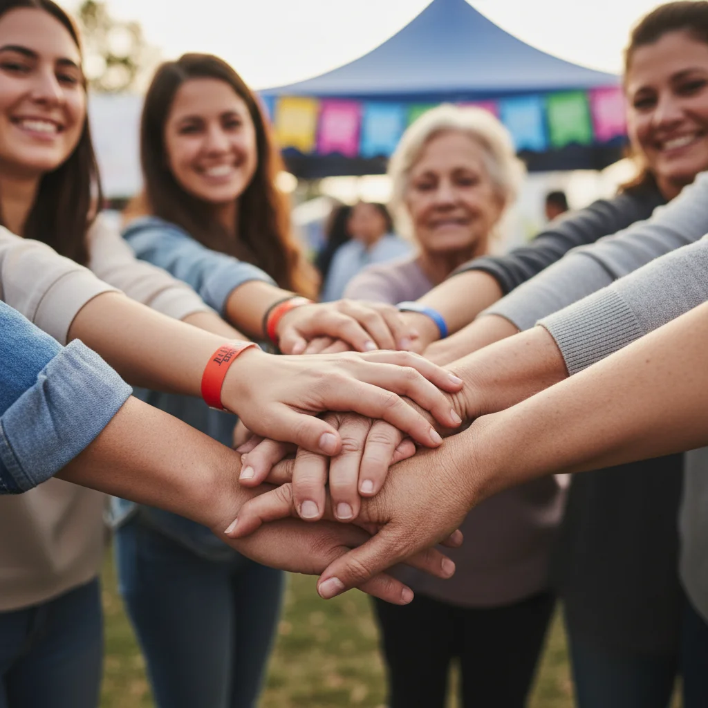Manos de voluntarios entrelazadas, representando la unión y el apoyo mutuo en el programa de voluntariado nacional.