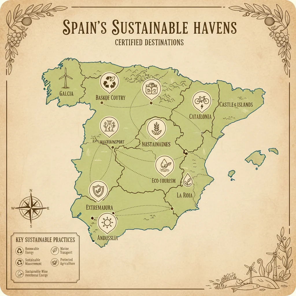Mapa de España con los 9 destinos de turismo sostenible certificados en 2026.