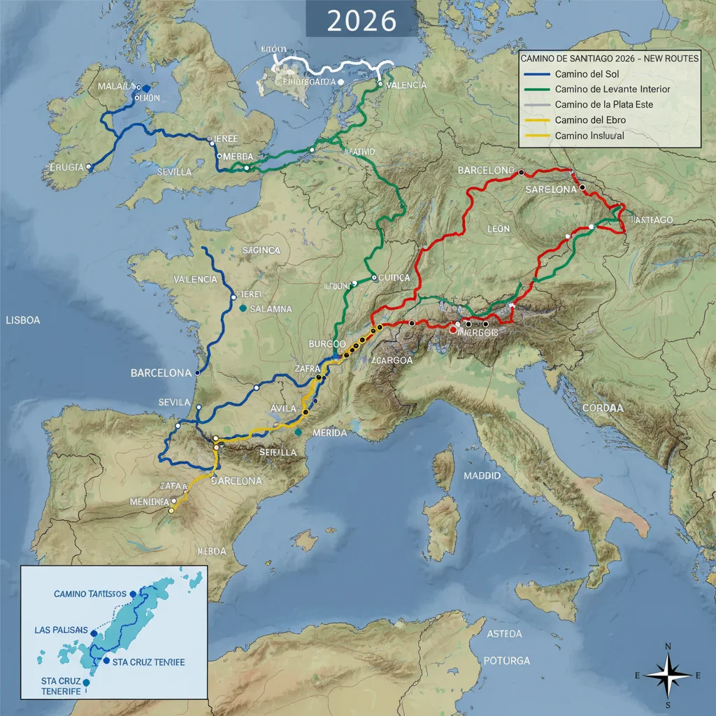 Mapa detallado de las siete nuevas rutas del Camino de Santiago previstas para 2026, con sus trazados geográficos.