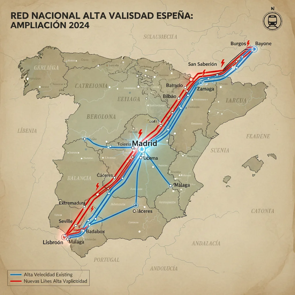 Mapa detallado de la red ferroviaria de alta velocidad en España, destacando los nuevos tramos y su impacto geográfico.