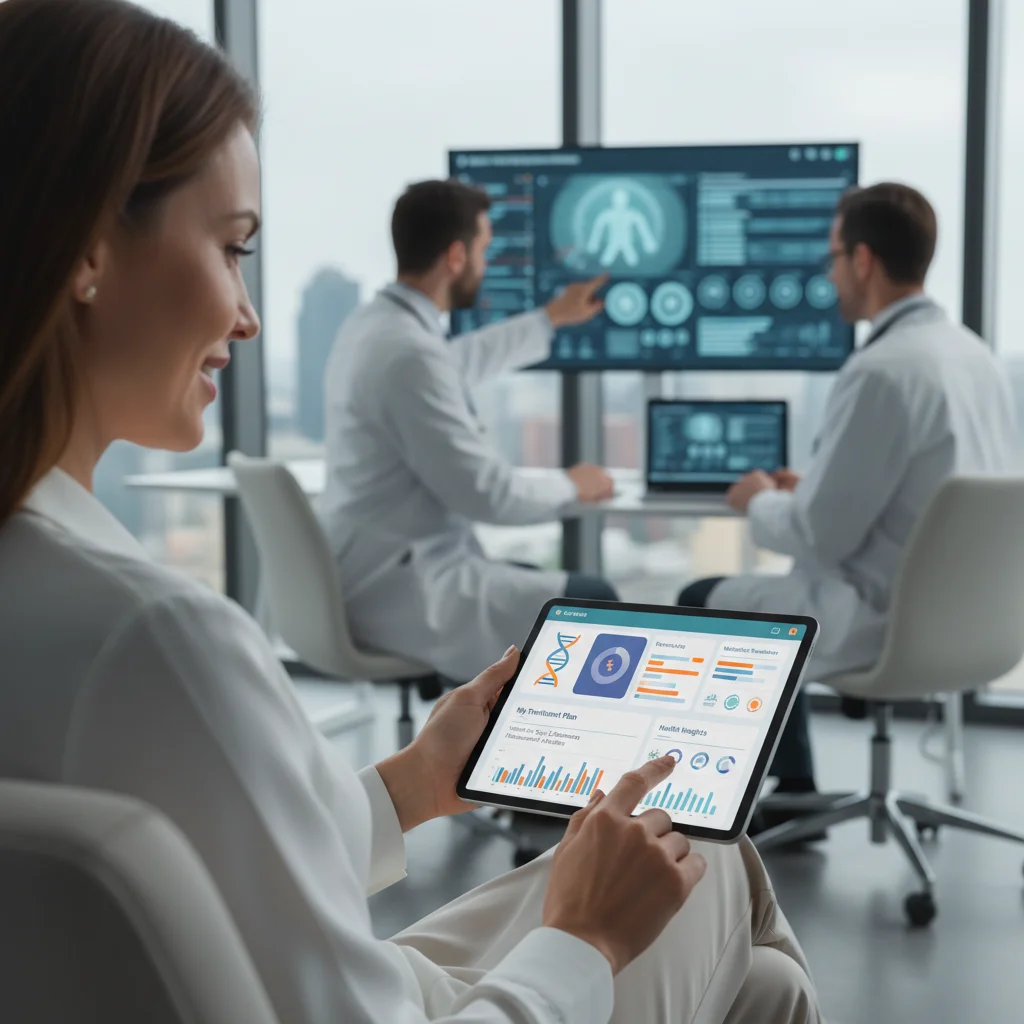 Paciente utilizando plataforma de medicina personalizada, con médicos consultando datos en segundo plano.