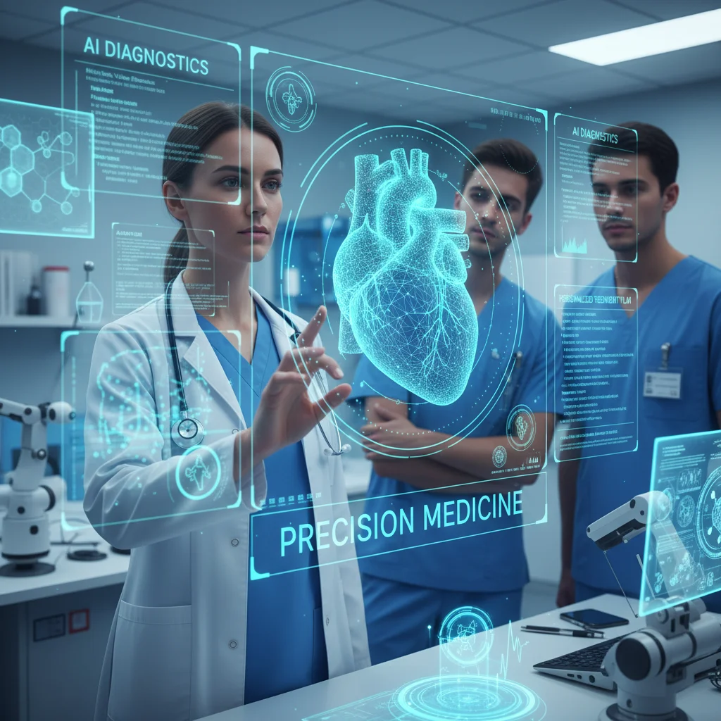 Médico examinando un modelo 3D holográfico de un órgano con diagnósticos de IA, simbolizando medicina de precisión.