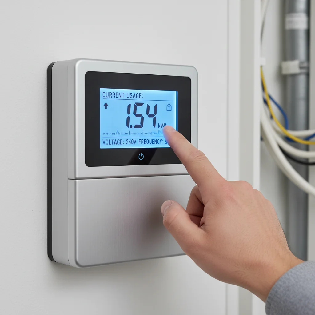 Medidor inteligente mostrando el consumo de electricidad en tiempo real, ilustrando la eficiencia energética.