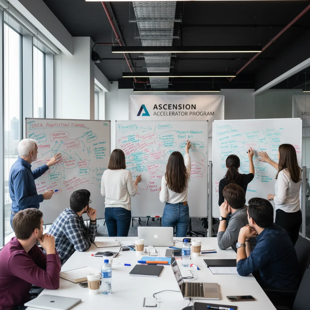Mentores y fundadores de startups en una sesión de brainstorming, destacando la importancia de la mentoría en el emprendimiento.