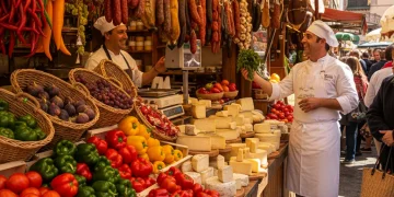 Puesto de mercado español con productos frescos y coloridos, representando la riqueza de la gastronomía regional.