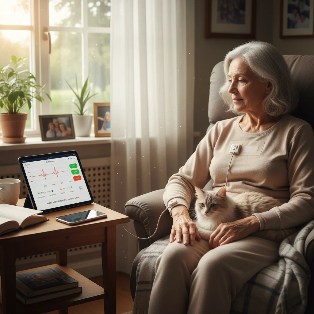 Paciente utilizando dispositivos de monitorización remota para gestionar su salud desde casa.
