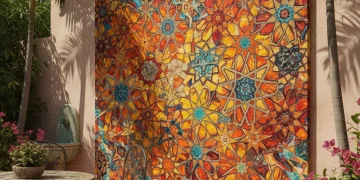 Mosaico artesanal español con patrones geométricos y colores vibrantes, reflejando el resurgimiento de la artesanía.