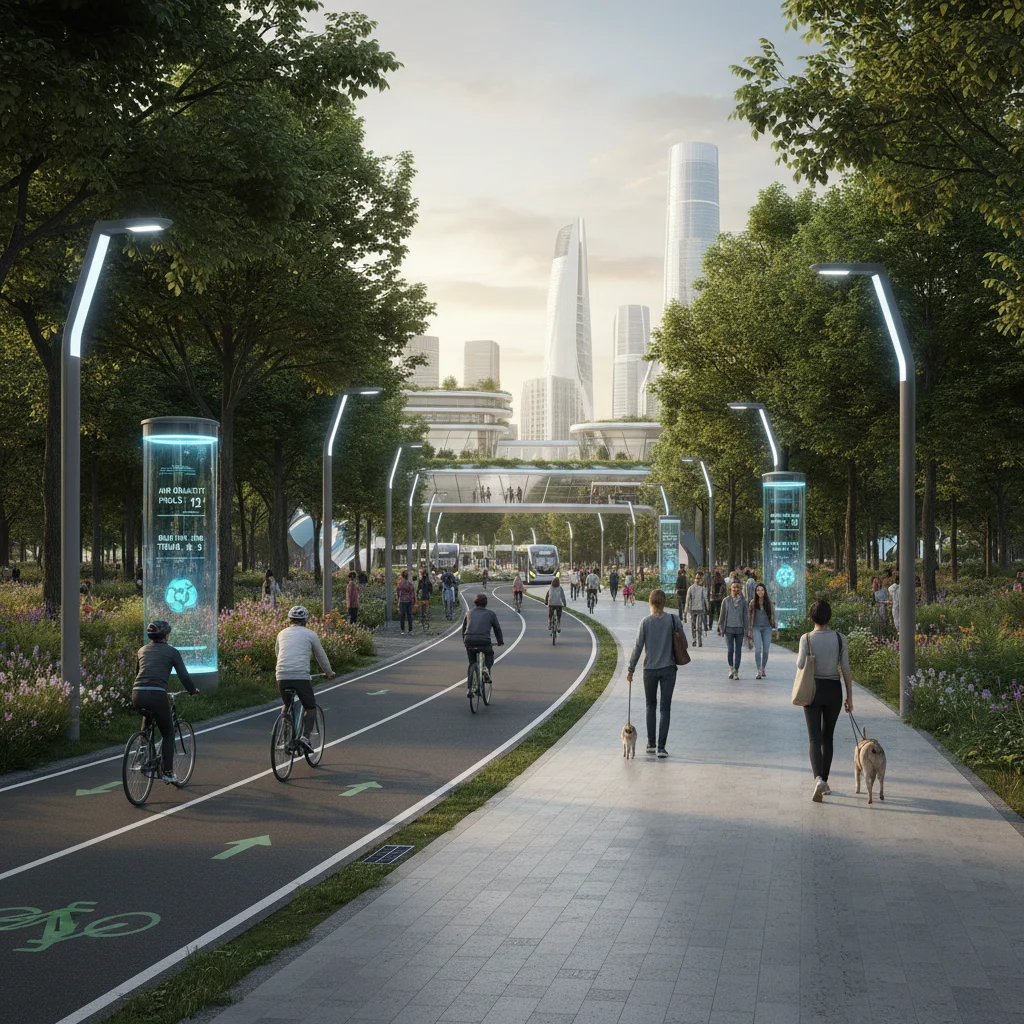 Carril bici urbano y zona peatonal con vegetación y mobiliario inteligente.