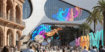 Fachada moderna de un museo de arte con elementos históricos y diseño contemporáneo en España, iluminada por el sol.