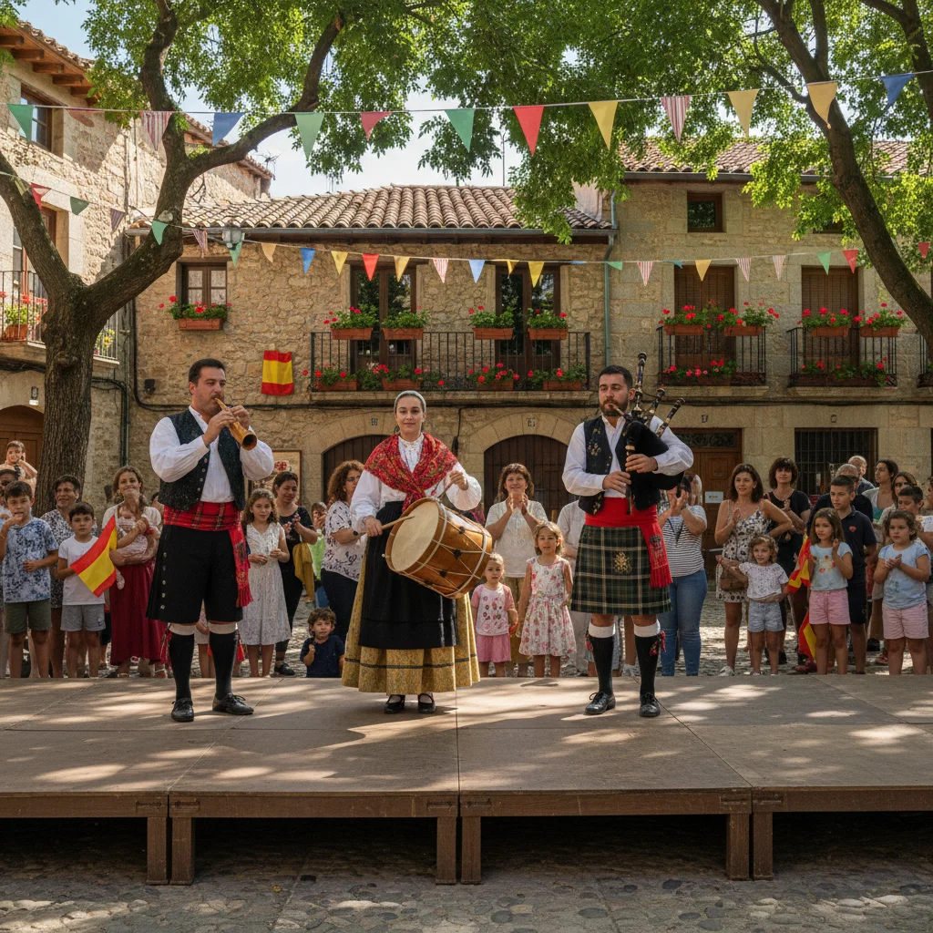 Músicos folclóricos españoles con trajes regionales tocando instrumentos tradicionales en una plaza.