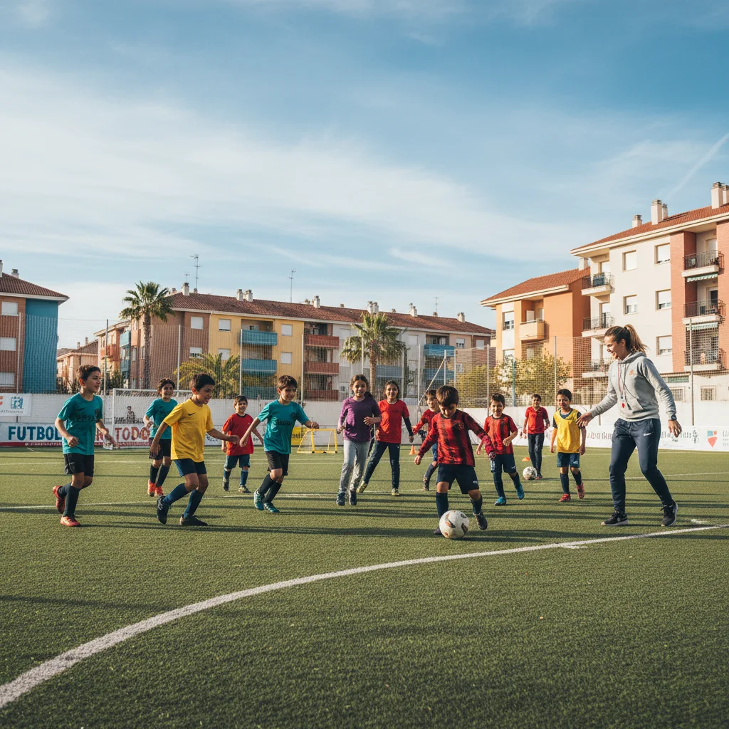 Niños de comunidad vulnerable jugando fútbol con alegría, impulsados por el deporte.