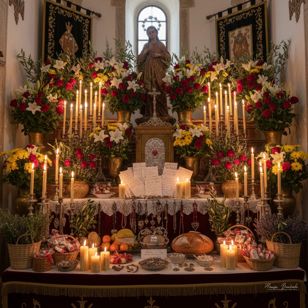 Ofrendas y decoraciones florales en el interior de una iglesia española durante una festividad local.