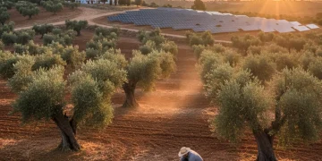 Paisaje agrícola español al amanecer en 2026, con olivos tradicionales y tecnología moderna. Un agricultor examina los cultivos.
