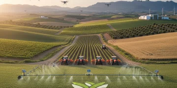 Paisaje agrícola español moderno con drones y tractores autónomos